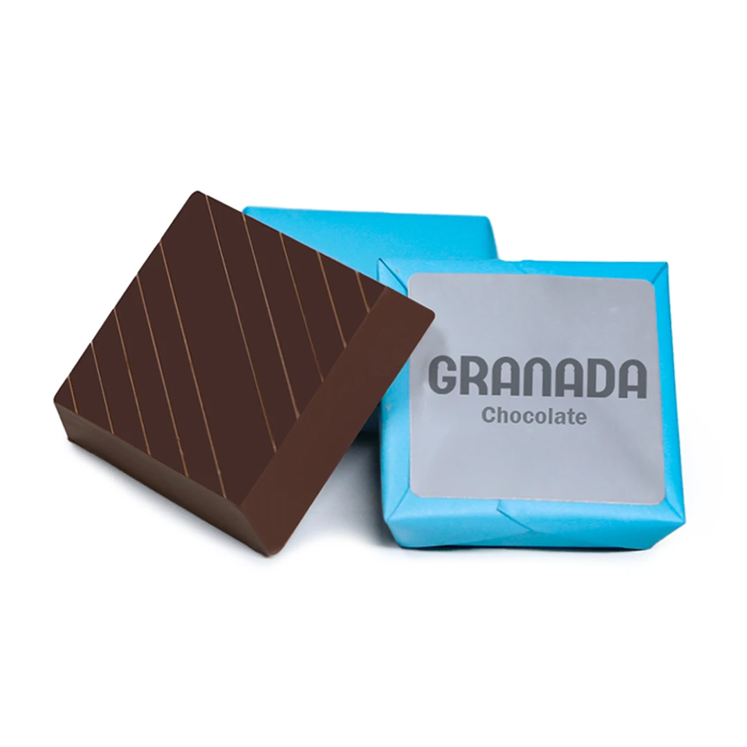Square chocolate wafer with blue wrapper